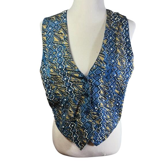 Vtg Speed Limit MPH Vest Women Sz M Boho Cotton Embroidered Pearl Beaded Blue - Picture 1 of 5